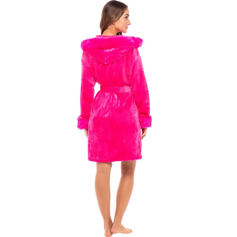 Women's Faux Fur Feather Hooded Robe, Soft Plush Fleece Knee Length Bathrobe with Hood, 2 of 5