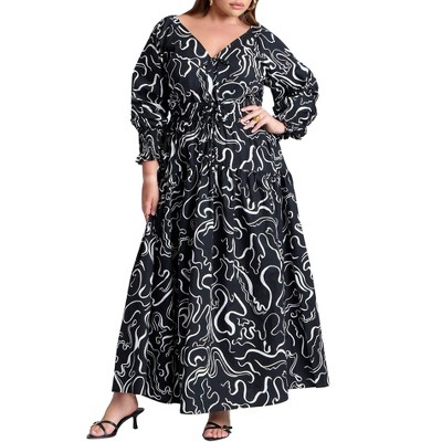 ELOQUII Women's Plus Size Printed V Neck Maxi Dress