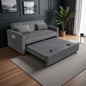 Futon Corduroy Sofa Bed with Pull-Out Bed & Storage Pocket - 1 of 4