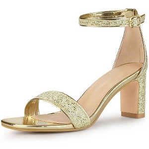 Allegra K Women's Glitter Square Toe Ankle Buckle Strap Chunky Heels Sandals - 1 of 4