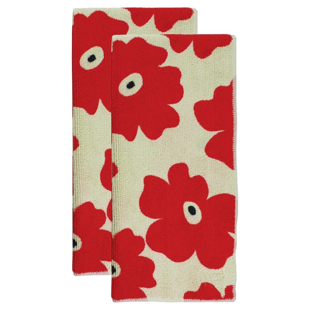 2pk Microfiber Kitchen Towels Red/Tan - MU Kitchen: Floral Botanical Pattern, Machine Washable, Set of 2