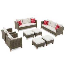 8 Piece Patio Conversation Sets with Cushions and Ottomans Beige - 1 of 4