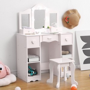 Kids Vanity Set with Tri-Folding Mirror, 2-in-1 Wooden Makeup Table and Stool for Toddlers, Princess Pretend Play Dresser with Drawer for Girls - 1 of 4