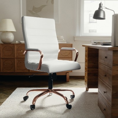 White LeatherSoft High Back Executive Swivel Chair with Rose Gold Metal Frame