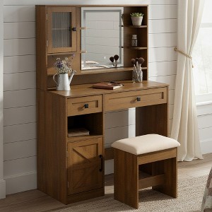 Makeup Vanity Desk with Lighted Mirror, Dressing Table Set with Charging Station, Stool, Drawers & Side Cabinet - ModernLuxe - 1 of 4