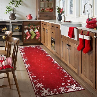 TackView Christmas Rug, Washable Floor Carpet Xmas Snowflake Decorative Indoor Throw Rug, Non-Slip Area Rug for Hallway, Kitchen