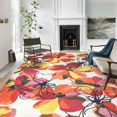 Washable  Modern Flower Pattern Area Rug Non Slip Low Pile Floor Carpet Soft Foldable Stain Resistant Non Shedding Throw Rug