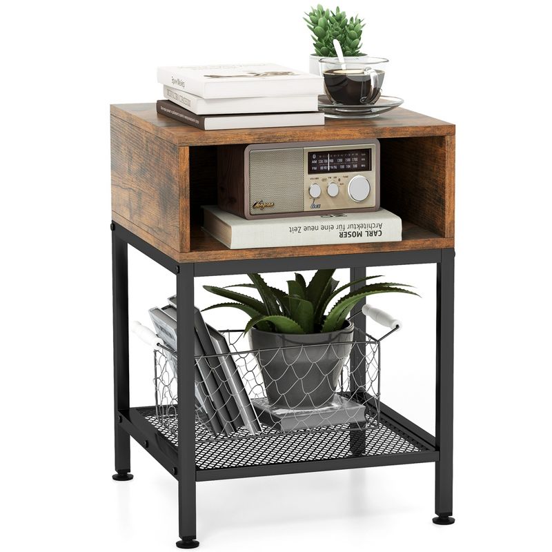 Costway 16" 3-tier Wood Top End Table w/ Metal Frame Storage Cube & Mesh Shelf Square, 1 of 11