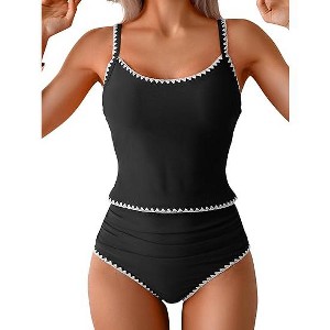 Eomenie Tankini Swimsuit for Women Tummy Control Ruched Two Piece Bathing Suits High Waisted Shell Stitch Swimwear - 1 of 3