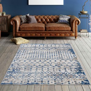 NAYSAYE Moroccan 7' x 5' Area Rug Global Woven Soft Durable Easy Care Medium Pile for Living Room and Bedroom, Blue and Cream - 1 of 4