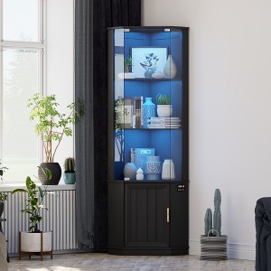 Fredees 69" Display Cabinet with Pop-Up Glass Doors, RGB LED Lights, Motion Sensor, Movable Shelves, Corner Bookcase - 1 of 4