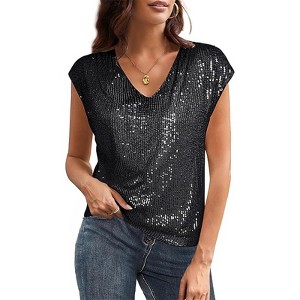 Clearlove V Neck Sequin Short Sleeve Tops for Women Elastic Tank Top for Party - 1 of 2