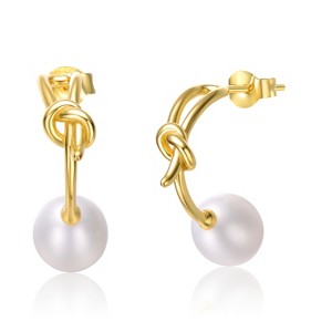 Guili Sterling Silver 14K Yellow Gold Plated Earrings with White Freshwater Pearl, Featuring an Elegant Love Knot Half-Hoop Design - 1 of 2