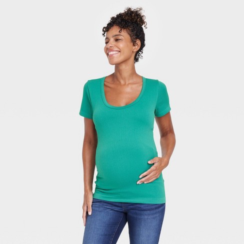 Short Sleeve Seamless Ribbed Scoop Neck Maternity T-shirt - Isabel Maternity  By Ingrid & Isabel™ Green Xs : Target