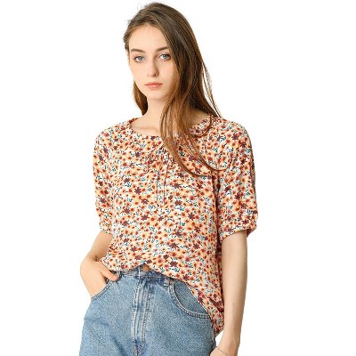 INSPIRE CHIC Women's Floral Round Neck Puff Sleeve Loose Fit T-Shirt