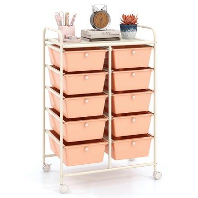 Tangkula 10 Drawers Rolling Cart Classroom Organizers Storage Cart with Wheels for Office Home School Supplies Tool Craft Art Paper Peach Fuzz