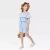 Girls Romper Flounce Squar Neck Belted Jumpsuit with Lace Trim Elastic Adjustbale Neckline Romper - 4 of 4
