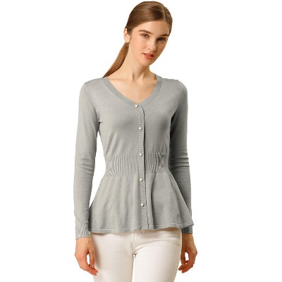 Allegra K Women's Slim Fit V-Neck Long Sleeve Ribbed Pullover Knitted Peplum Sweater