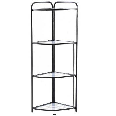 J&V TEXTILES Foldable 4 Tier Corner Shelf, Metal Corner Plant Stand with Black Frame and Transparent Shelves, Corner Display Rack