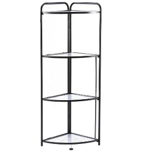 J&V TEXTILES Foldable 4 Tier Corner Shelf, Metal Corner Plant Stand with Black Frame and Transparent Shelves, Corner Display Rack - 1 of 4
