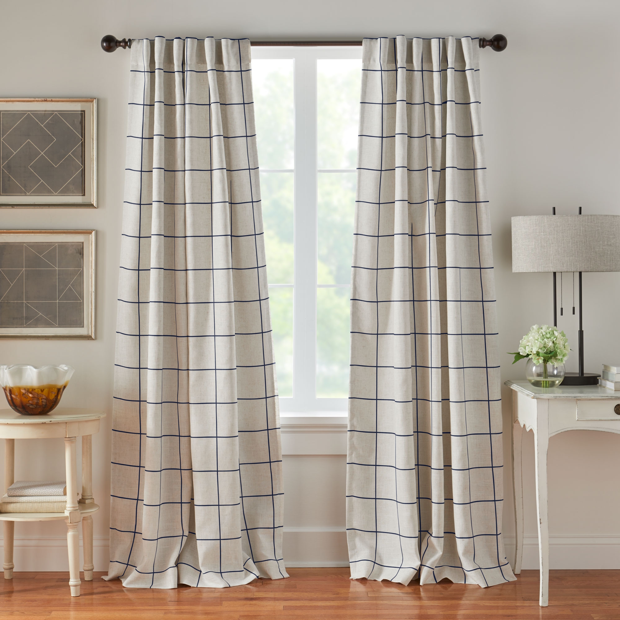 Brighton Windowpane Plaid Lined Room Darkening Single Window Curtain Panel - 52" x 95" - Indigo - Elrene Home Fashions