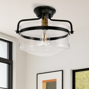 DORESshop 12 in. 1-Light Black Industrial Drum Semi Flush Mount Ceiling Light with Clear Glass Shade for Hallway Porch - 1 of 4