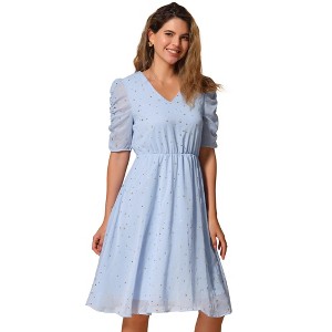 Allegra K Women's Metallic Stars Ruched Sleeve Elastic Waist V Neck A-line Dress - 1 of 4