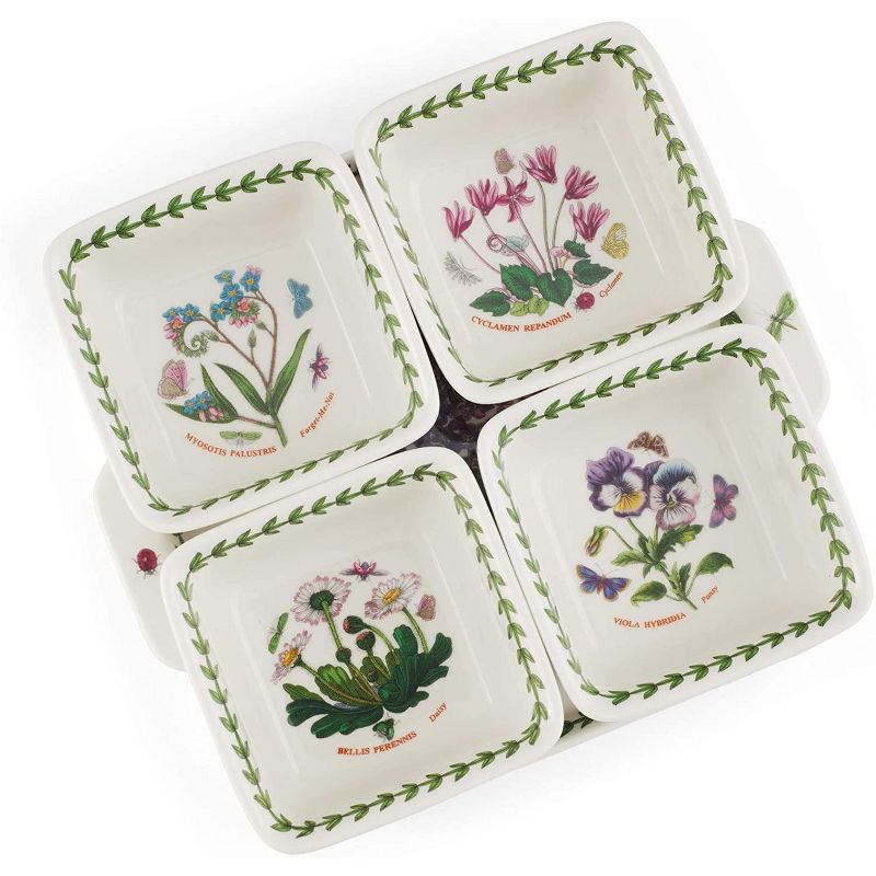 Portmeirion Botanic Garden 5-Piece Porcelain Accent Bowl Set, 8 Inch Handled Plate & 3.75 Inch Square Bowls - Assorted Floral Motifs ,, 5 of 8