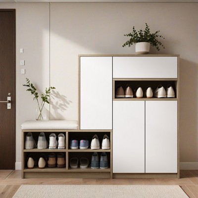 2-in-1 Shoe Storage Bench & Shoe Cabinets , Multi-functional Shoe Rack with Padded Seat, Adjustable Shelves - Leovsnove