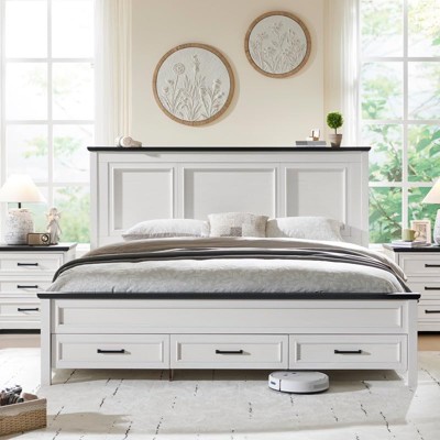 SinCiDo Farmhouse King Size Bed with Headboard, Wood Platform Bed Frame with 3 Storage Drawers, Easy Assembly