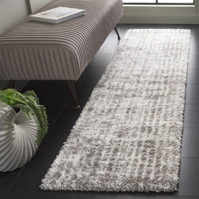 Ivory and Gray Synthetic Shag Runner Rug, 2' x 8'