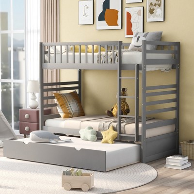 Twin Over Twin Wood Bunk Bed With Safety Rail And Movable Trundle Gray ...