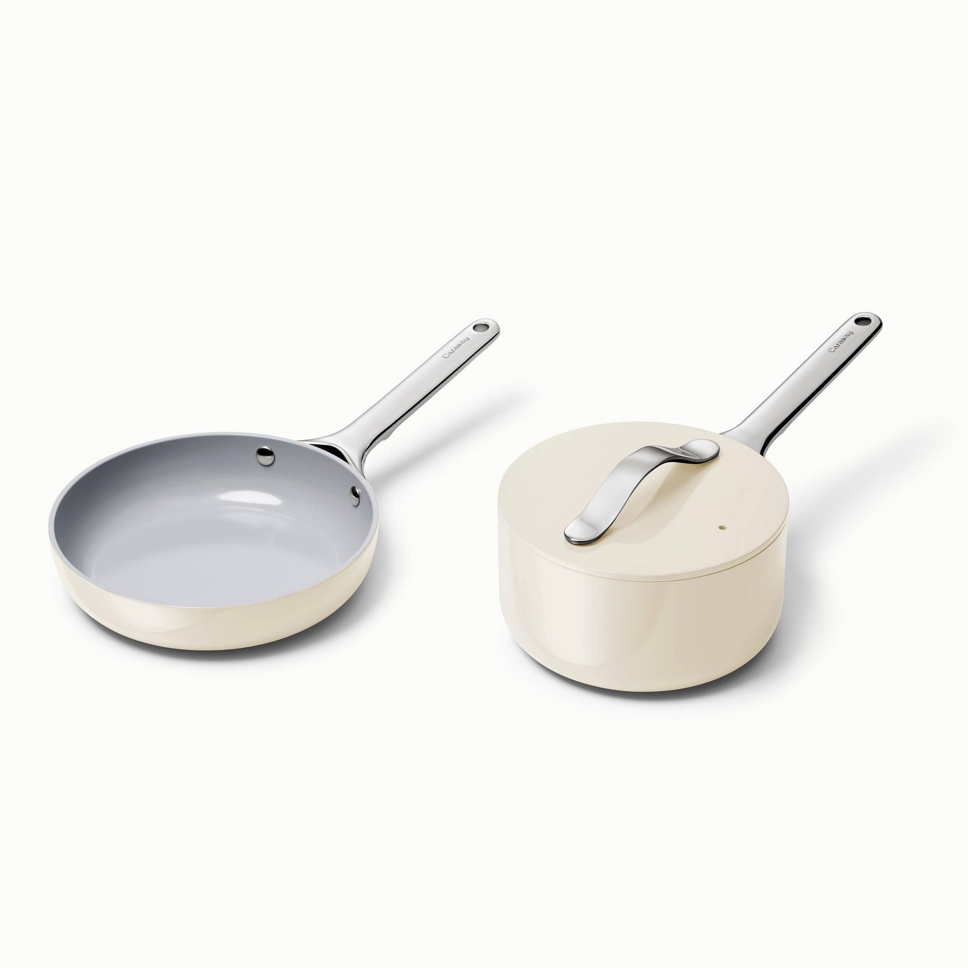 Caraway Home 2pc Nonstick Ceramic Mini Fry Pan and Mini Sauce Pan Set Cream: Caraway Cookware, Stainless Steel Handle