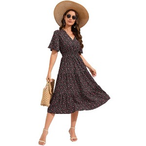Clearlove Women's Casual V Neck Midi Dress Smocked Waist Tiered Short Sleeve A Line Pleated Flowy Long Dress - 1 of 4