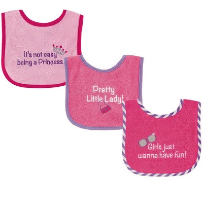 Luvable Friends Baby Girl Cotton Terry Drooler Bibs with PEVA Back 3pk, Pretty, One Size