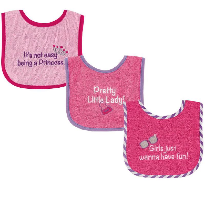 Luvable Friends Baby Girl Cotton Terry Drooler Bibs with PEVA Back 3pk, Pretty, One Size, 1 of 3