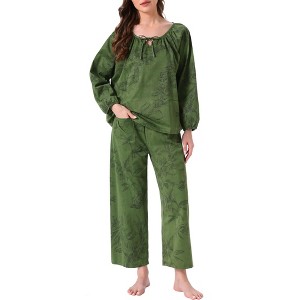 Womens Pajamas Set Long Sleeve Floral Pullover Tie Front Wide Leg 2 Piece Loungewear Large Deep Green Floral - 1 of 4