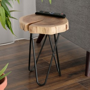 12" Acacia Wood Rustic Contemporary End/Side Table with Iron Hairpin Legs, Perfect for Living Room, Bedroom - 1 of 4