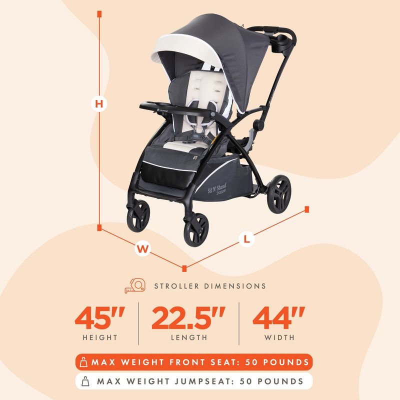 Baby Trend Sit N' Stand 5-in-1 Collapsible Shopper Stroller with Canopy, Visor, Extendable Storage Basket, Phone Tray, and 2 Cup Holders, Magnolia, 3 of 8