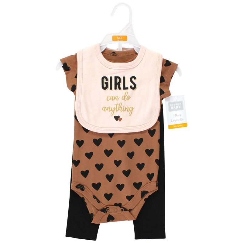 Hudson Baby Infant Girl Cotton Bodysuit, Pant and Bib Set, Cinnamon Hearts, 2 of 6