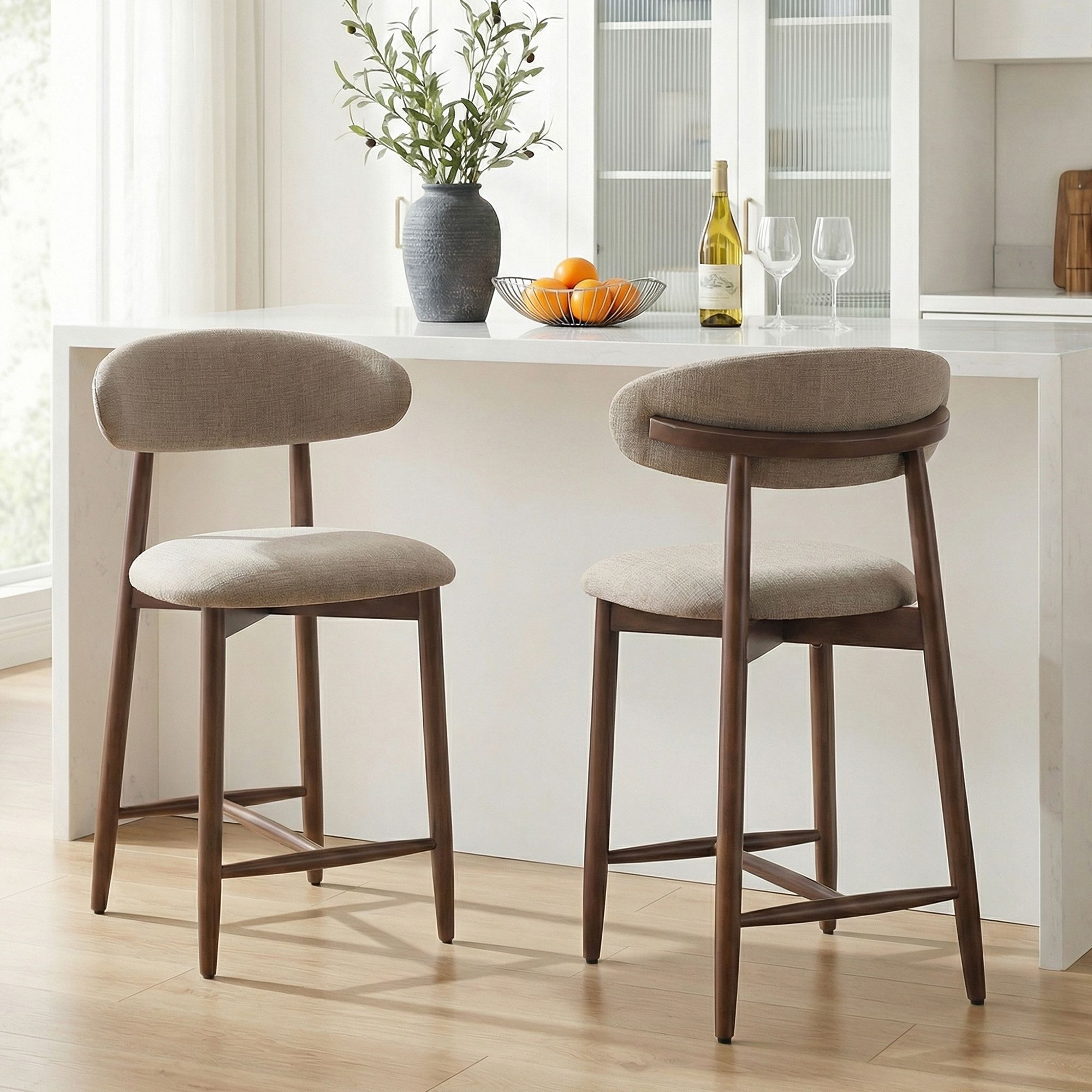 Ora Maison Set of 2/4/6 Counter Height Upholstered Bar Stool with Fabric & Walnut Finish