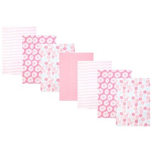 Hudson Baby Infant Girls Cotton Flannel Burp Cloths 7-Pack, Pink Daisies, One Size - 1 of 4