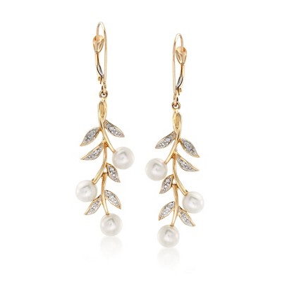 Ross-Simons 5mm Cultured Pearl and Diamond Accent Leaf Drop Earrings in 14kt Yellow Gold