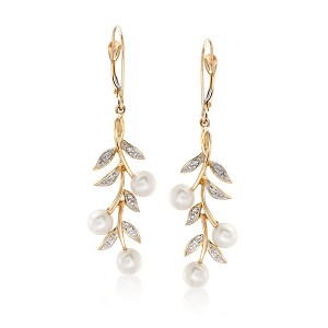 Ross-Simons 5mm Cultured Pearl and Diamond Accent Leaf Drop Earrings in 14kt Yellow Gold - 1 of 4