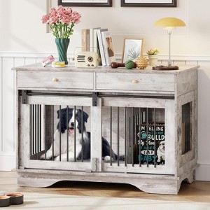47" Dog Furniture Crate, Large Furniture Style Dog Crate w/ 2 Storage Draws & Removable Divider & Triple Door Design for Large/Medium/Small Dogs - 1 of 4