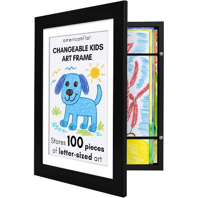 Attop Kids Artwork Frame Changeable (Black) - Magnetic Door Holds 100 Art Pieces - 8.5x11 Letter Size Display with Mat or 10x12.5 Without Mat