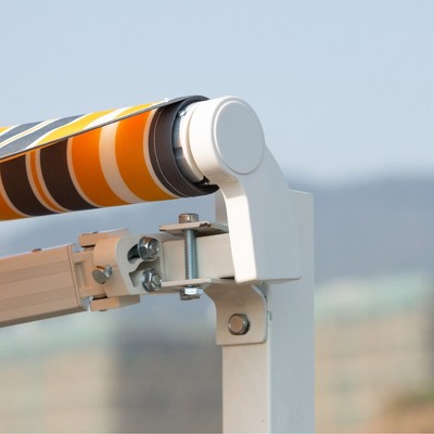 Yellow and Grey Striped Retractable Patio Awning with Aluminum Frame