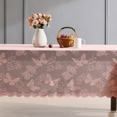 HLC.ME Butterfly Floral Patterned Scalloped, Wrinkle Resistant, Lace Fabric Table Cloth for Round and Rectangle Tables