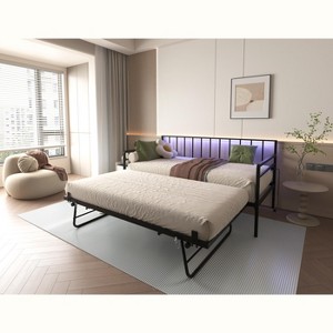 Racxily Twin Daybed with Trundle, Farmhouse Daybed Frame with Sliding Barn Door Headboard and Charging Station & LED Light for Bedroom and Guest Room - 1 of 4