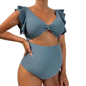 Coolmee Women Maternity Cutout Slimming Tummy Control V Neck Wrap Loose Ruffled Short Sleeve Belly-Covering One Piece Swimsuit - 1 of 4